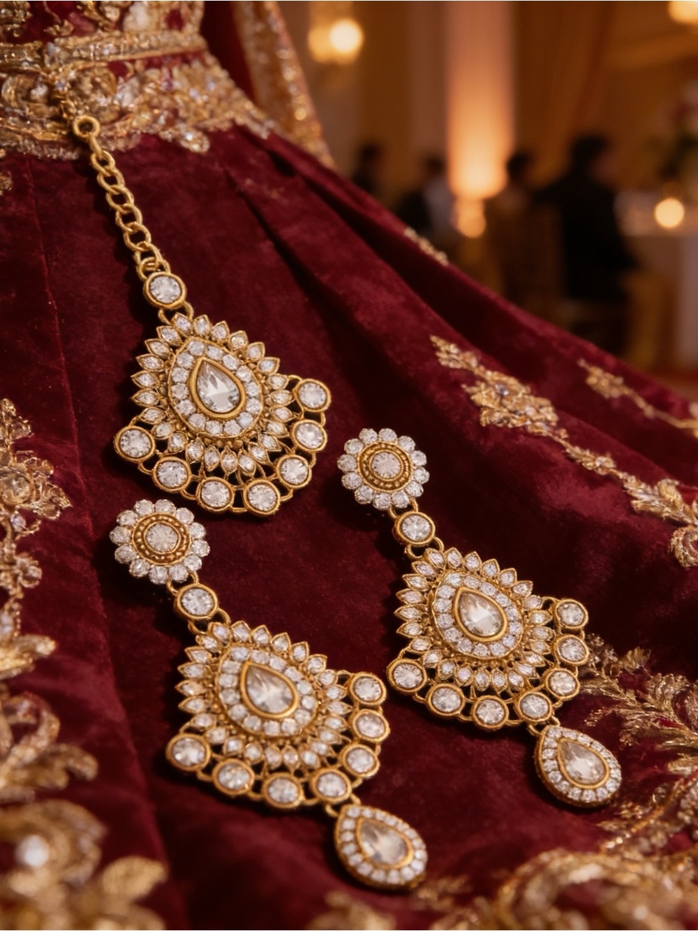 Traditional South Asian Maang Tikka & Chandelier Earring Set - Goldtone